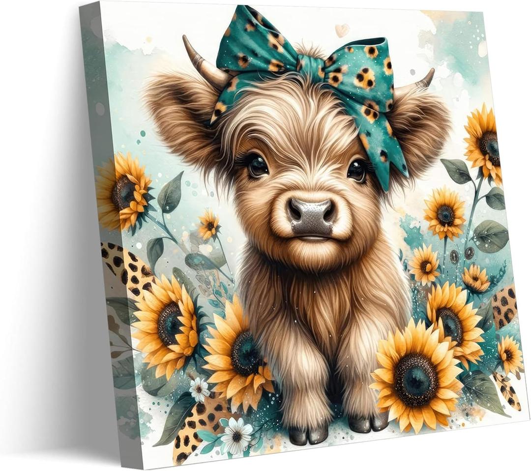 Cute Highland Cow Canvas Wall Art Amiable Sunflower Baby Calf Wall Decor Picture Rustic Farmhouse Wildlife Poster Print Painting for Bedroom Bathroom Baby Room Home Decoration Prepare To Hang