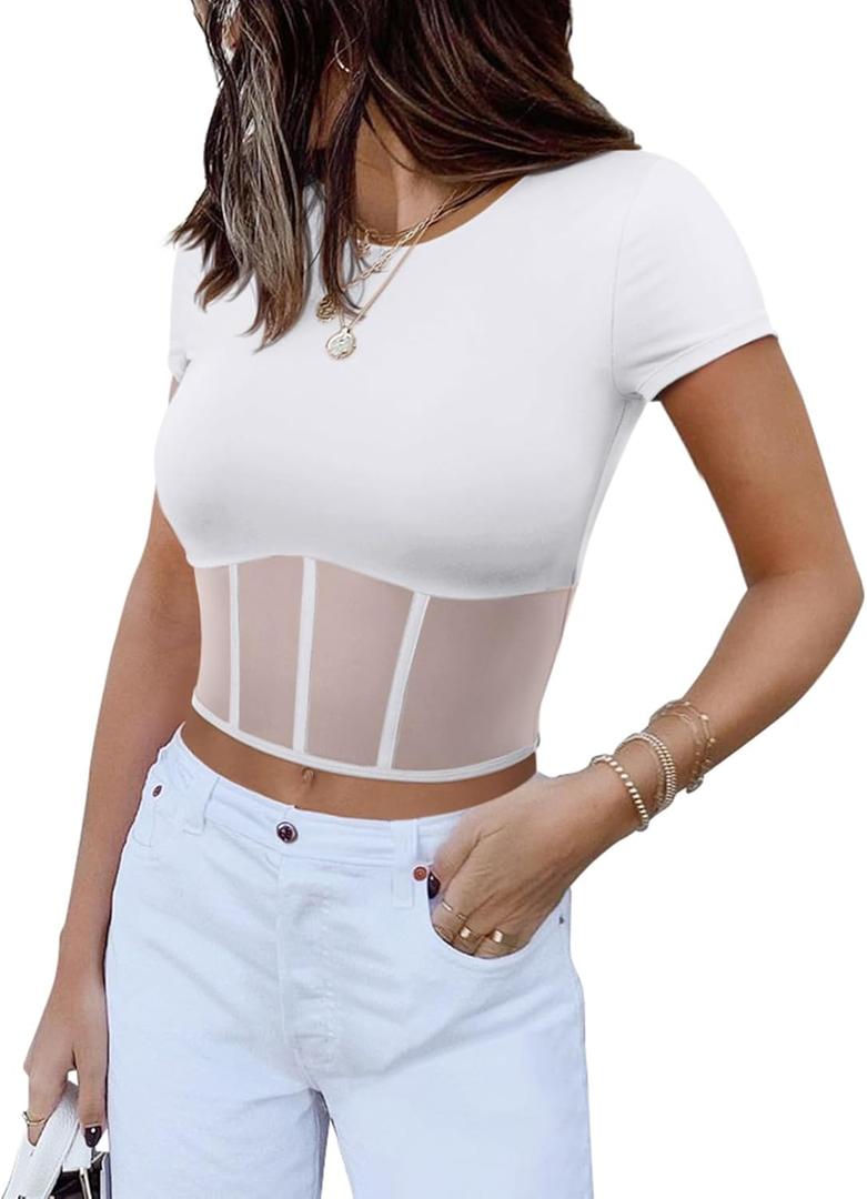 REORIA Women's Sexy Round Neck Short Sleeve Tees Summer Sheer Mesh T Shirt Trendy Y2K Going Out Crop Tops (White, L)