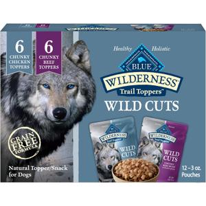 Blue Buffalo Wilderness Trail Toppers Wild Cuts Wet Dog Food Variety Pack, High-Protein & Grain-Free, Made with Natural Ingredients, Chicken and Beef Flavors, 3-oz Pouches, (12 Count, 6 of Each) (EXP 11/11/27)