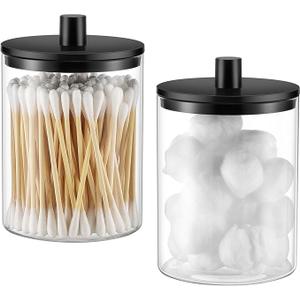 TIPGO Glass Qtip Holder Dispenser - 10 oz Clear Canister Apothecary Jar, Bathroom Vanity Storage Organizer Set for Cotton Swabs, Pads, Floss Picks, Small Containers for Makeup Storage (2 Pack, Black) 