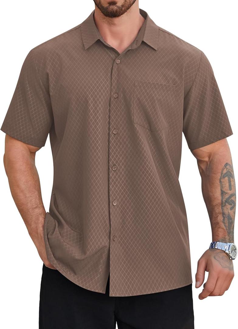 Hardaddy Men's Casual Button Down Shirts Short Sleeve Stretch Button Up Pattern Business Dress Shirt for Men (3X-Large, Brown)
