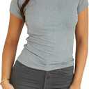Dwnval Womens Basic Summer Short Sleeve Crewneck T Shirt Raglan Ribbed Knitted Slim Fit Casual Going Out Tops Overall Pick, Grey L