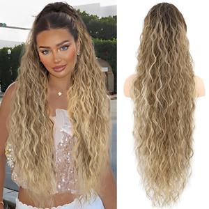 Ponytail Extension, Claw Clip Ponytail Extension for Women Long Ombre Brown Curly Clip in Pony Tails Hair Extensions 30 Inch Synthetic Layered Hairpieces for Women(Ombre Brown Mix Blonde)