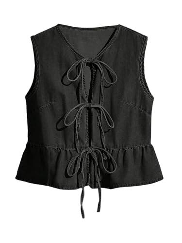 SHENHE Women's Y2k Tie Front Denim Vest V Neck Ruffle Hem Sleeveless Peplum Jean Top Shirt Black, Large