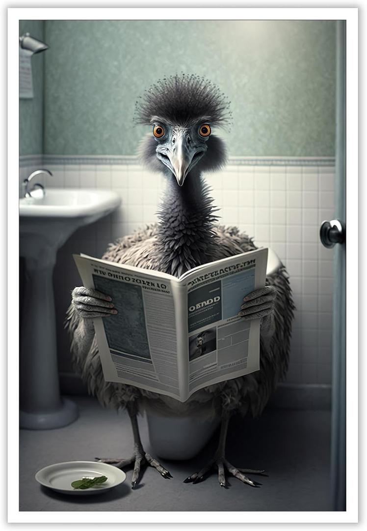 KOEUIRW Funny Emu on Bathroom Canvas Wall Art Cute Emu on In Toilet Posters Black and White Animal Prints Painting Maximalist Mid Century Modern Aesthetic Wall Decor for 24x36in Unframed