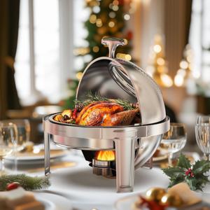 Roll-Top Chafing Dishes for Buffet with Glass Window (6QT) - Round Food-Grade Stainless Steel Chafers for Catering with Rolled Edge Design, for Party, Banquet (Full Size Food Pan)