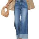 Jyutia High Waisted Wide Leg Cuffed Jeans for Women Stretch Frayed Raw Hem Straight Leg Boyfriend Jeans Trendy 2026 Blue, Size M