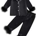 Toddler Girl Satin Silk Pajamas Button Down Feather Trim Fuzzy Shirt and Long Pants Little Girls Sleepwear Nightgown, 3-4Y