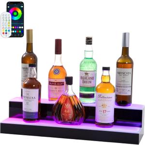 Led Lighted Liquor Bottle Display Shelf, 24 Inch 2 Tier Whiskey Rack, Support USB, Bar Stand with RF Remote & App Control, Illuminated Acrylic Lighting Shelves for Home Bar, Party