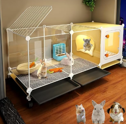Luxury Villa Rabbit cage with Wheels, Guinea Pig cage, complimentary Food Bowl, Bed. Suitable for Hamsters, Chinchillas, Squirrels, Hedgehogs, Ferrets, Cats，Mouse (41.4" Lx 17.7" Wx17.7 H)