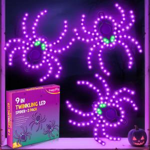 HappyAlley 3 Pack 9" Halloween Classics Twinkling LED Spiders, Hi-Vibrant Aluminum Frame Spiders Window Silhouette Lights, 234 Purple and 12 Green LED Lights, Holiday Indoor Outdoor Decoration
