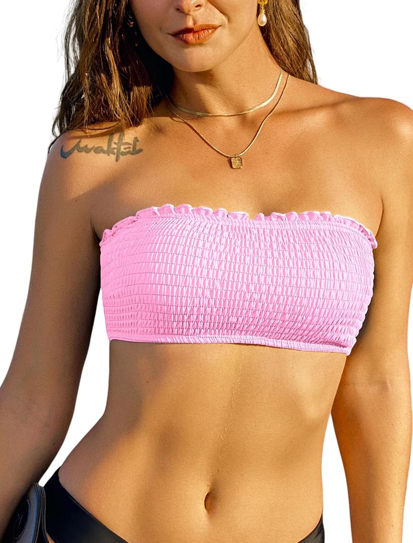 ZAFUL Women Strapless Bandeau Bikini Top Ruffle Lace up Swimsuit Solid Color Bathing Suits Tube Top Only (Pink, S)