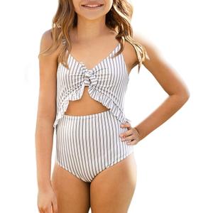Saodimallsu Girls One Piece Cutout Ruffle Swimsuits Kids Floral High Waisted Tie Front Bathing Suits (13-14 Years, White)