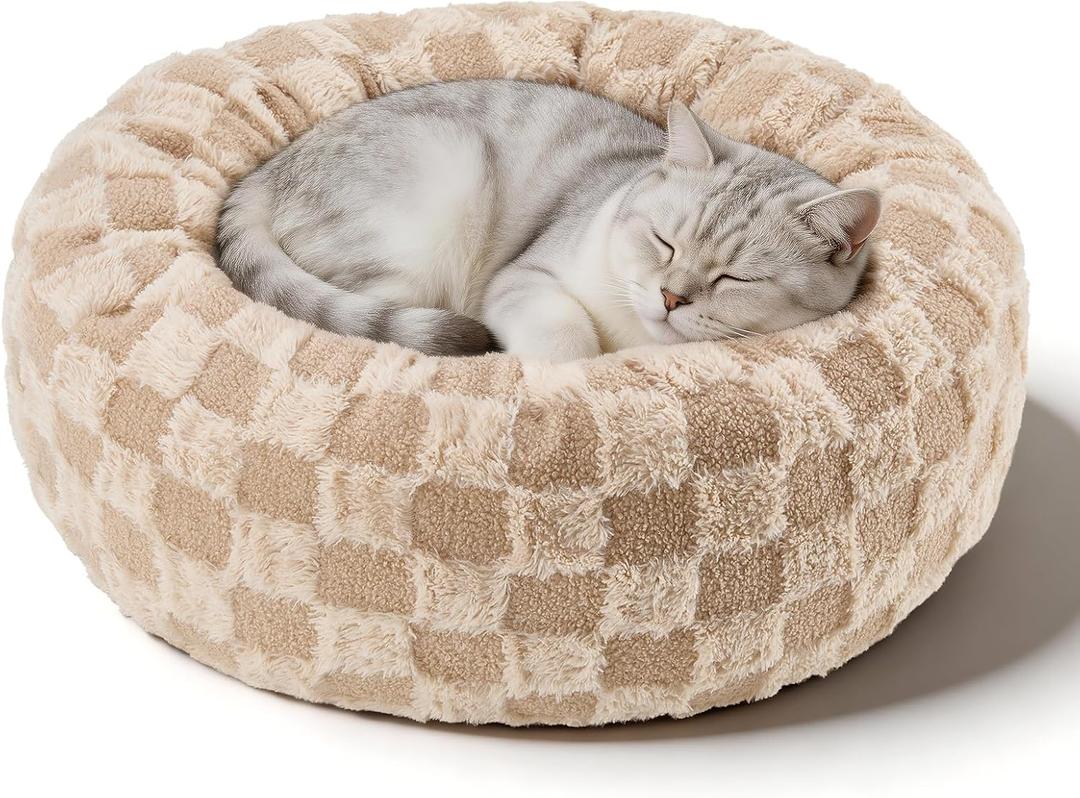 Dog Calming Beds for Small Medium Large Dogs - Round Donut Washable Puppy Dog Bed, Anti-Slip Faux Fur Fluffy Donut Cuddle Anxiety Cat Pet Bed (20" Grid)