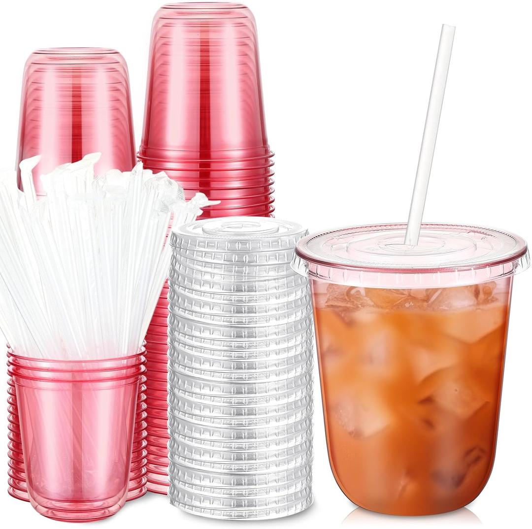 Ziliny 50 Sets Clear Plastic Cups with Lids and Straws, Disposable Iced Coffee Cups Drinking PET for Cold Drinks, Juice, Smoothie, Coffee Shops, Party, Christmas (14 oz,Pink)