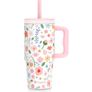 24 oz Tumbler with Handle, Leak-Proof Screw-On Lid with Removable Silicone Straw, Spill Proof, Reusable Stainless Steel Insulated Water Bottle, Gift for Children and Adults, Flowers