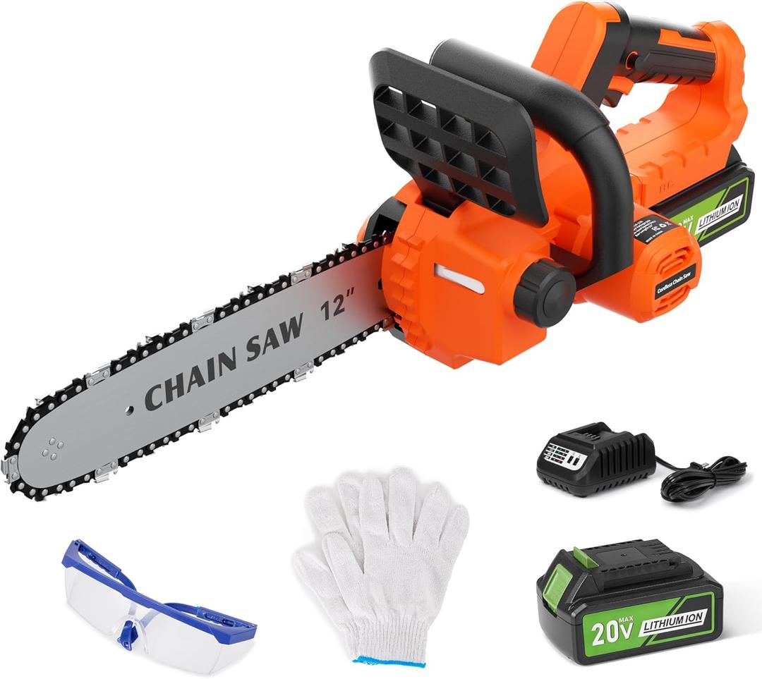 12 inch Electric Cordless Chainsaw, 4.0Ah Battery Operated Chainsaw Brushless Motor 4500 RPM, Auto-Oil, Safety Protection, Chain Saw Cordless for Wood Cutting, Tree Trimming