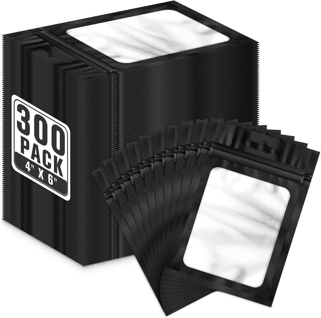 ANZNKU 300 Pcs Resealable Mylar Bags with Frosted Clear Window, 4x6 Inch Resealable Bags for Small Business, Smell Proof Hangover Kit Bag, Foil Zipper Pouches for Food Storage Party favor(Black)