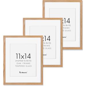 Oak Wood Frame with Mat for 8x10, Real Tempered Glass, (Natural Oak Color, 3 Pack)