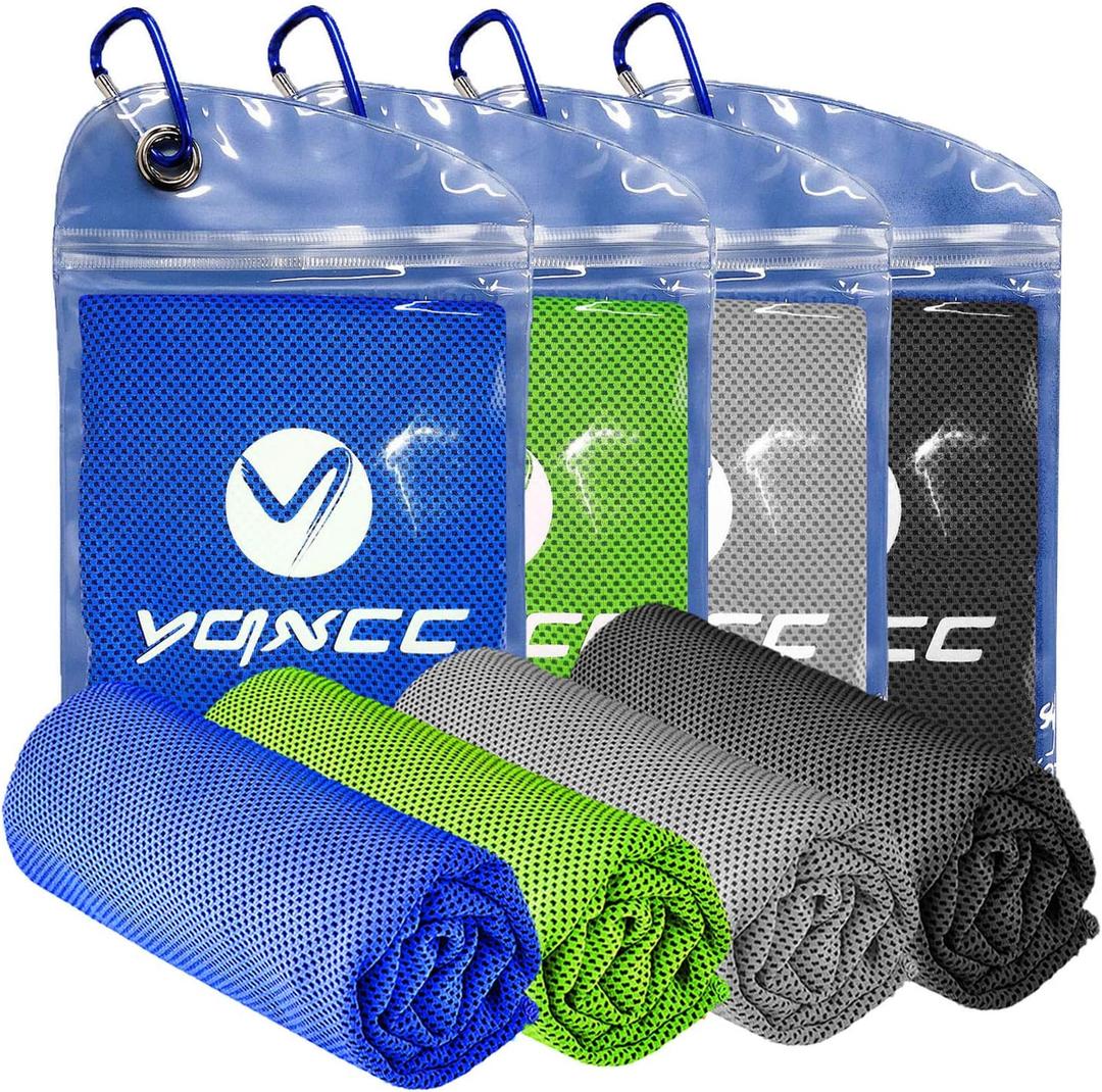 YQXCC 4 Pack Cooling Towels | 40"x12" | Cool for Neck and Face | Microfiber Soft Breathable Chilly | for Yoga, Sport, Golf, Gym, Camping, Running & More Activities (Dark Blue/ Green/ Light Gray/ Dark Gray)