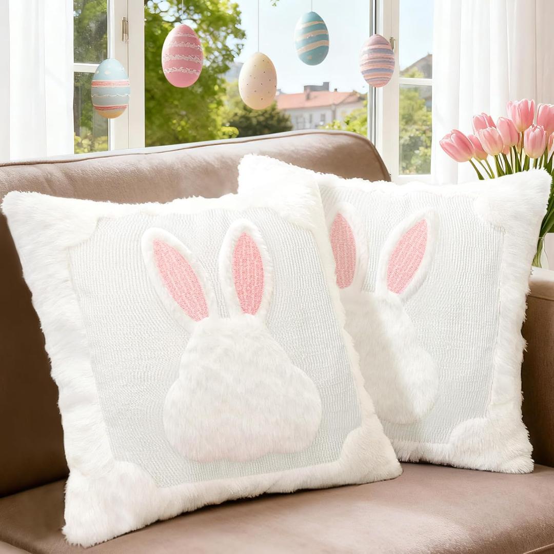Cute Bunny Pillow Covers 18x18 Set of 2, Ultra-Soft Plush Faux Fur White Rabbit Throw Pillowcases with Pink Embroidered Ears for Spring Farmhouse Home Decor, Kids Room & Easter Gifts