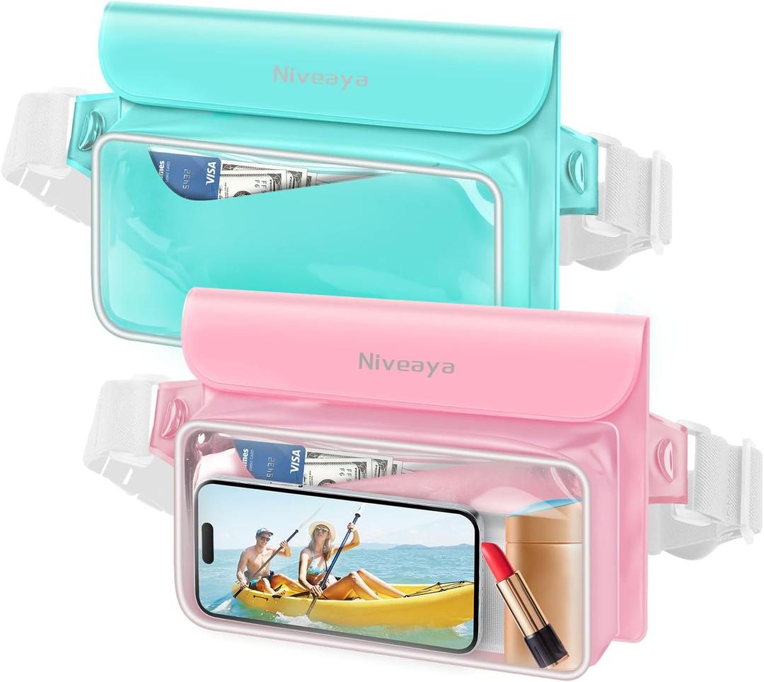 Niveaya IP68 Waterproof Fanny Pack - 2 Pack, Floating Dry Bag Pouch, Phone Waterproof Waist Pouch Dry Bag, Beach, Kayaking, Swimming, Boat Essentials, for iPhone 16/15/14/13/12 Pro Max up to 9.5" (Greenk&Pink)