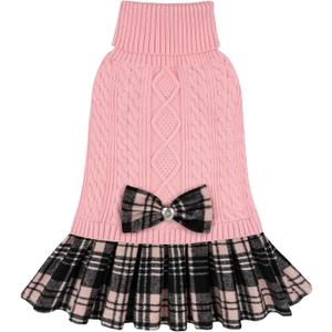 KYEESE Dog Sweater Soft Turtleneck Pet Sweater Dress Stretchy Cat Sweaters Thick Dogs Clothes with Bowtie Warm Pullover Pet Coats Comfy Knitwear Dog Sweaters for Small Dogs Girl, Pink, Large