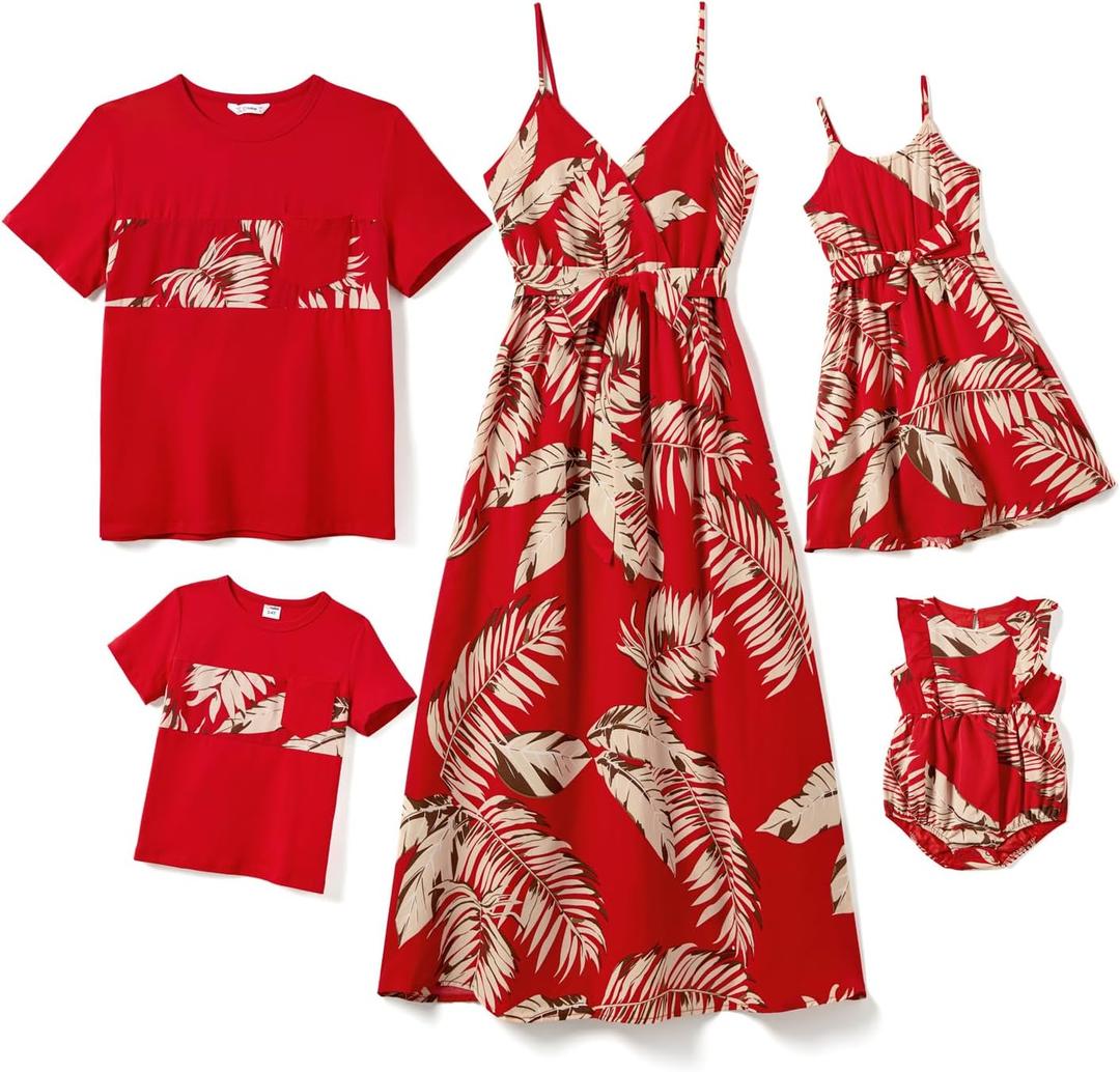 PATPAT Family Matching Outfits Mommy and Me Dresses Hawaiian Tropical Vacation Beach Spaghetti Strap Dress and Shirt (X-Large, Ruby Red)