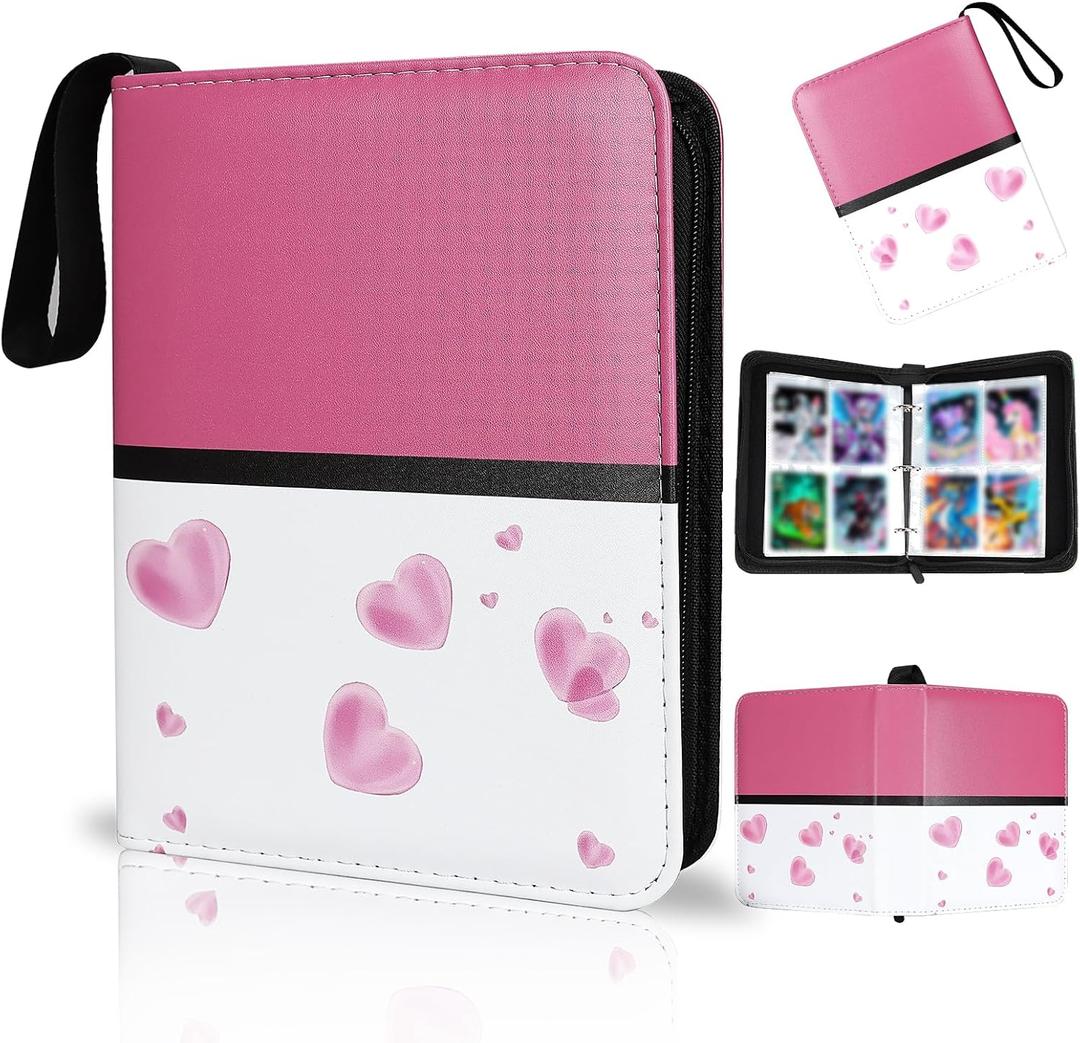 Collectible Trading Card Albums,4 Pocket Card Binder, 400 Double Sided Pocket,PU Premium Zip Trading Card Binder for TCG, MTG,Sports Cards (Pink White)