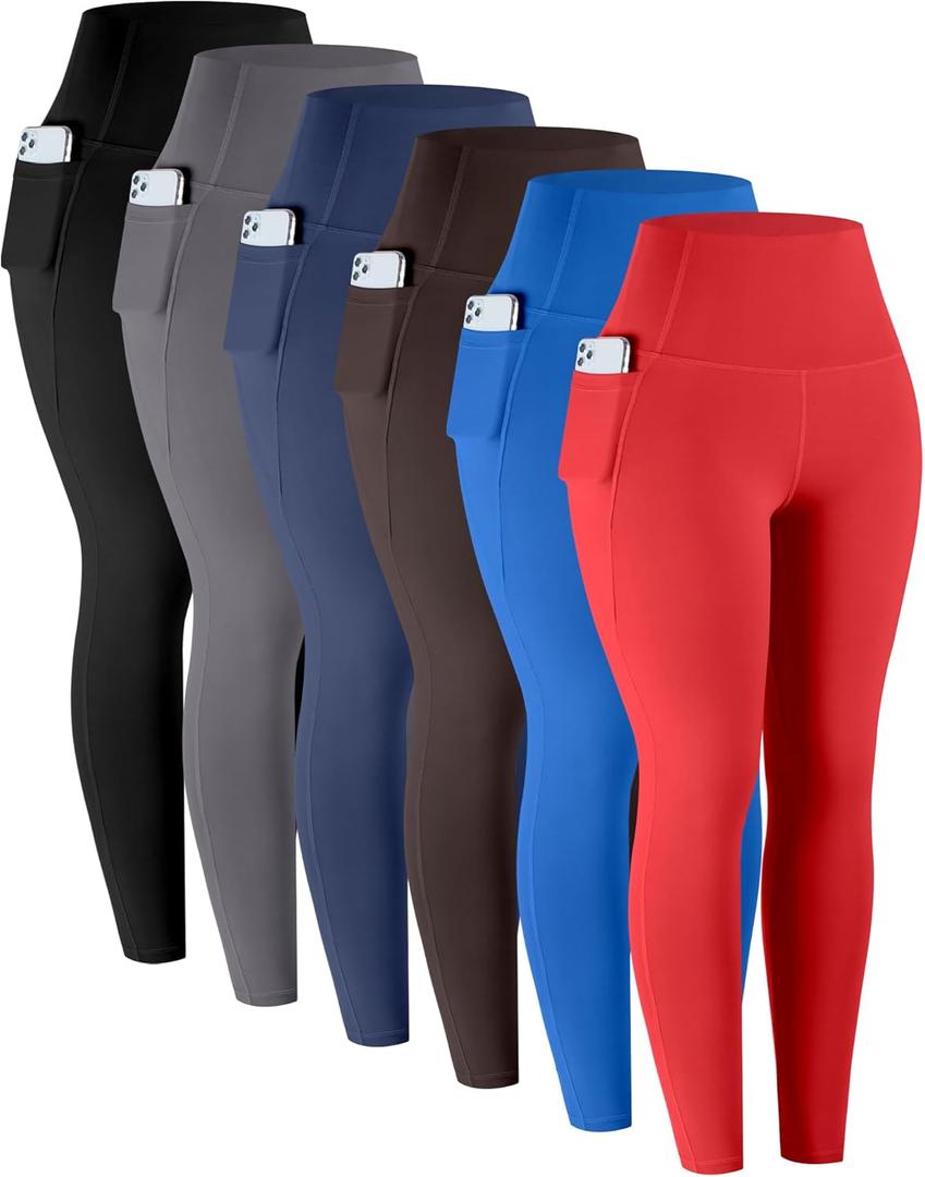 LZYVOO Leggings with Pockets for Women, 6 Packs Soft High Waisted Tummy Control Workout Yoga Pants (XX-Large, Black,gray,navy,brown,royal Blue,red)