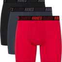 Hanes Men's Moves Anti-Chafe Undewear Boxer Briefs Pack, Total Support Pouch, Cooling (Trunks Avail) (Red/Grey/Black)