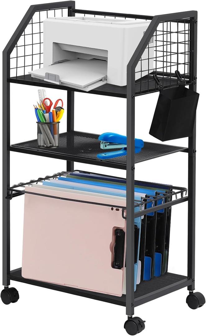 SEHERTIWY 3-Layer Rolling File Cart with Hanging Folders, Under Desk Storage with Drawer, Small File Cabinet with Wheels for Home,Living room, Office, School,Black