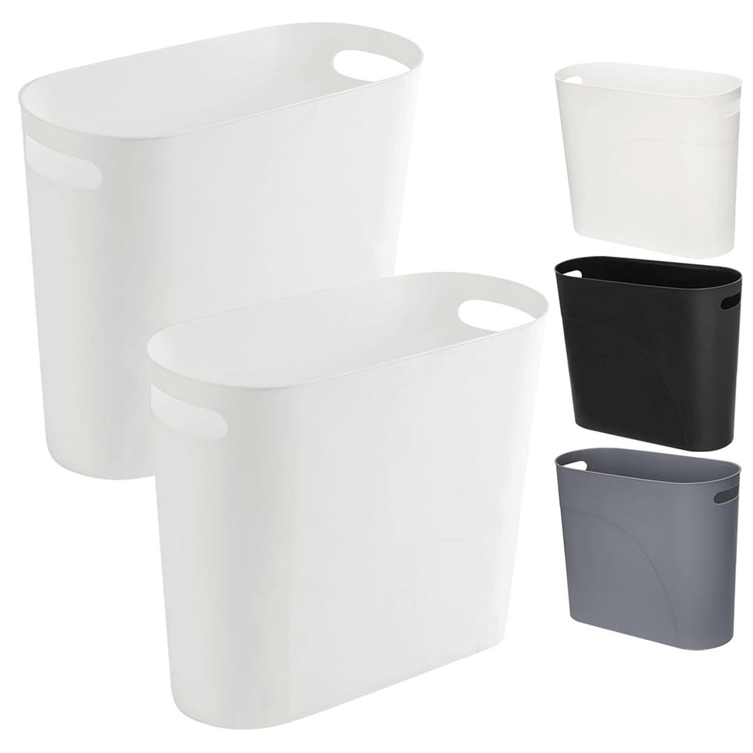 2 Pack Small Narrow Trash Can with Handles 3.2 Gallon/12 L White Slim Waste Basket Office Narrow Garbage Bin Slim Garbage Container Bin Fits Bathroom, Under Desk, Home