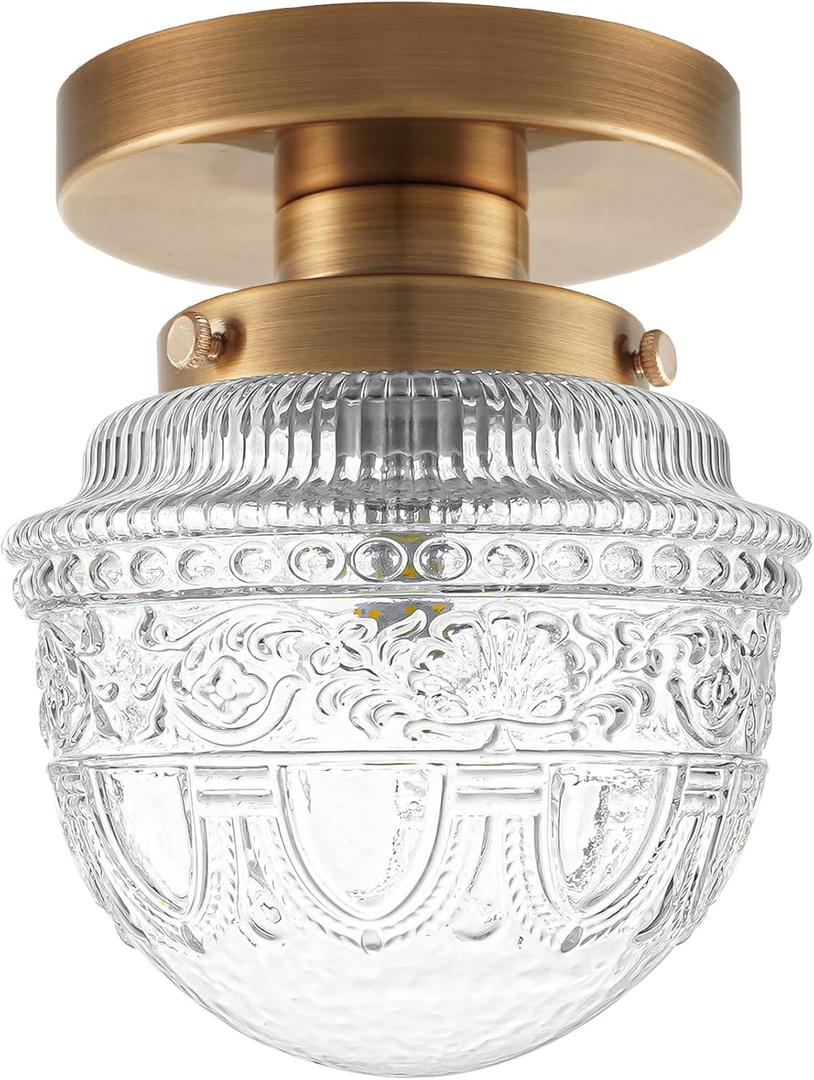 DSMJFU Brass Semi Flush Mount Ceiling Light, Small Hallway Light Fixture, Vintage Close to Ceiling Light Fixture for Bathroom, Entryway, Foyer, Closet (Gold)