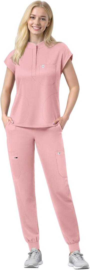 Scrubs Set for Women Medical Uniform Nurse Suit, Anti-Wrinkle Scrub Top Jogger Pant&11 Pockets,4 Way Stretch Workwear, X-Small, Pink