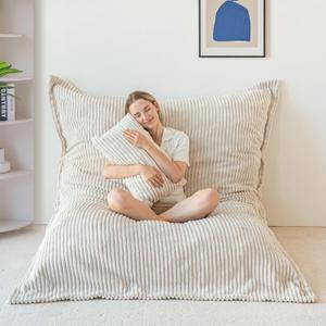 MAXYOYO Giant Bean Bag Chair with Pillow, 3 in 1 Convertible Bean Bag Chair for Adults with Washable Cover, Removable Floor Cushion Stuffed Floor Lounger for Living Room Bedroom, White, Full
