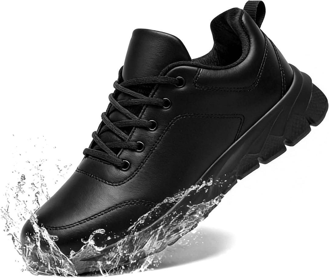 Mens Non Slip Work Shoes Waterproof Oil-Proof PU Leather Food Service Restaurants Kitchen Chef Shoes Comfy Walking Sneakers Lightweight Classic Stylish Casual Office Footwear Black Size Men 13
