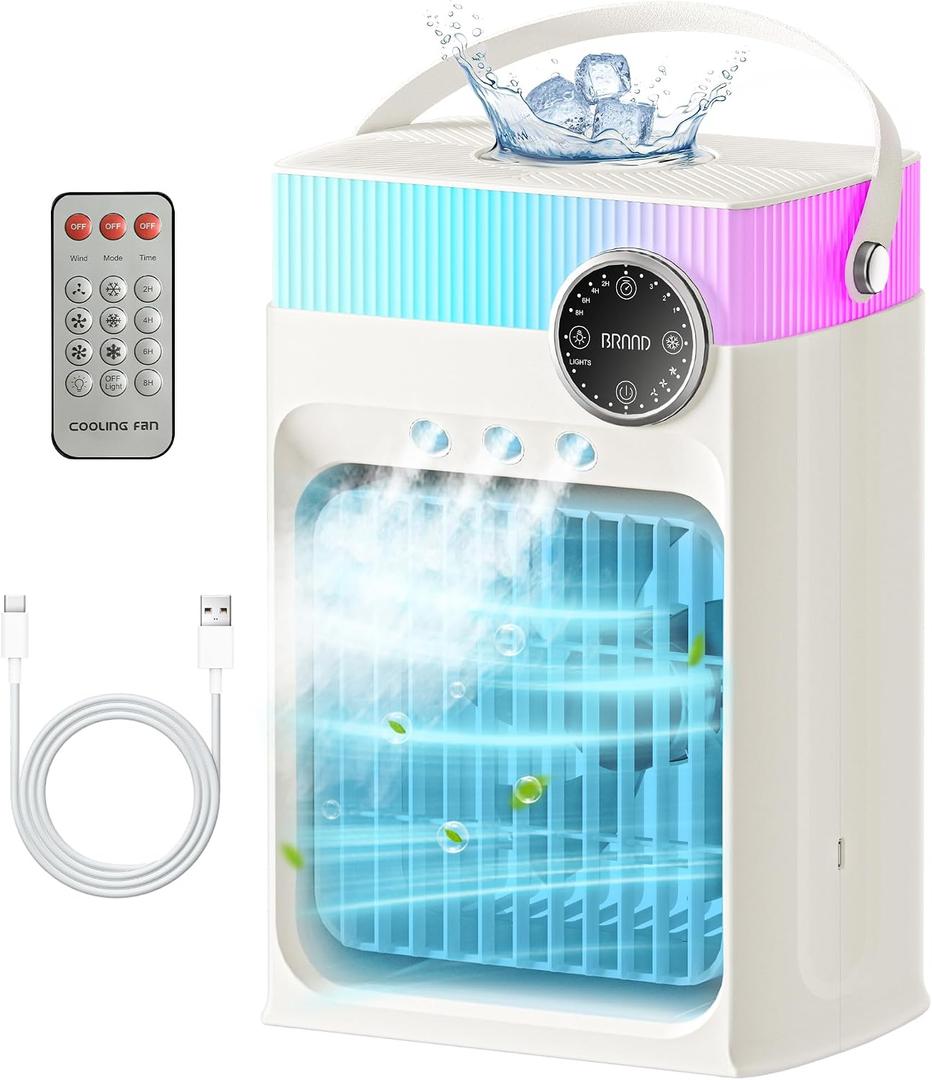 Portable Air Conditioners, Mini Portable AC Unit for Bedroom, 1200ML Small Cooling Fan with Remote, 3 Mist, 3 Speed, 8 Light, 2-8H Timer Personal Cooler Fans for Office Camping Car Desk(Pure White)