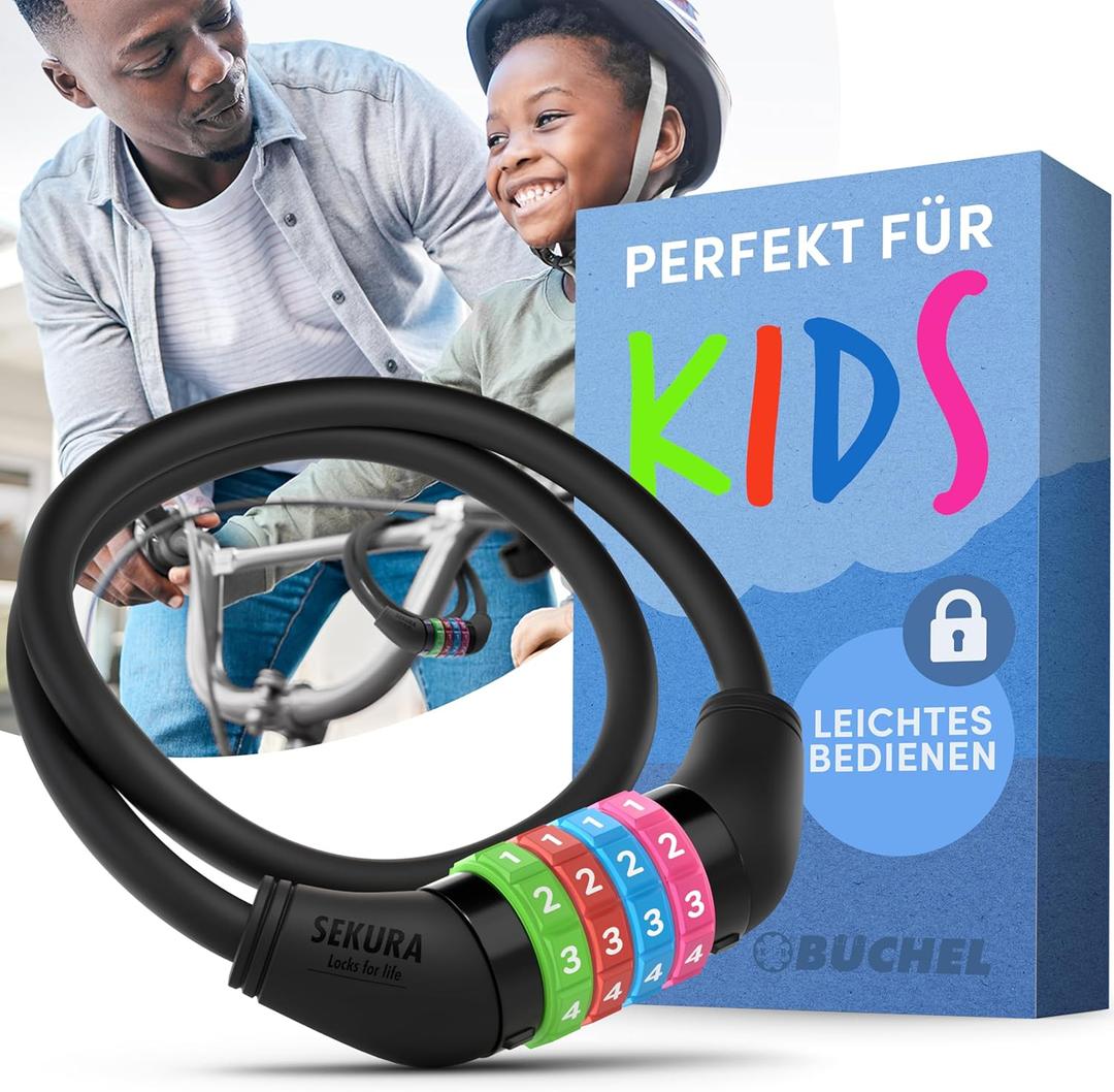 Bike Locks Cable for Kids - Colorful & Keyless - Secure Your Child's Bike - Easy-to-Use Bicycle Accessory, High Security 5 Digit Resettable Combination Coiling Bicycle Lock, Anti Theft (65cm - ohne Halterung, Black)