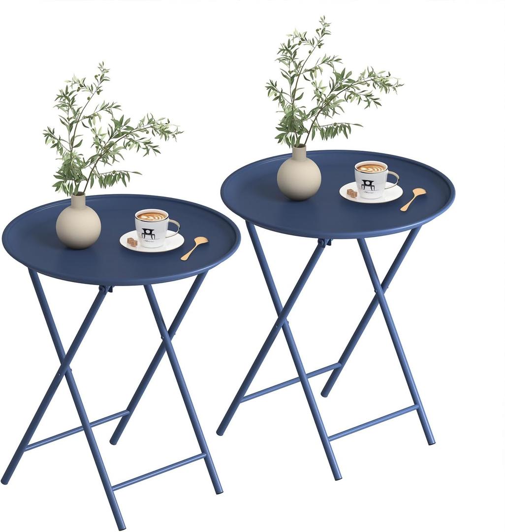 Garden 4 you Folding TV Tray Table, Metal Round Side Table, Blue Dinner Table with Metal Frame, Modern Outdoor Tray Table for Living Room, Bedroom, Patio & Small Spaces, 2 Packs