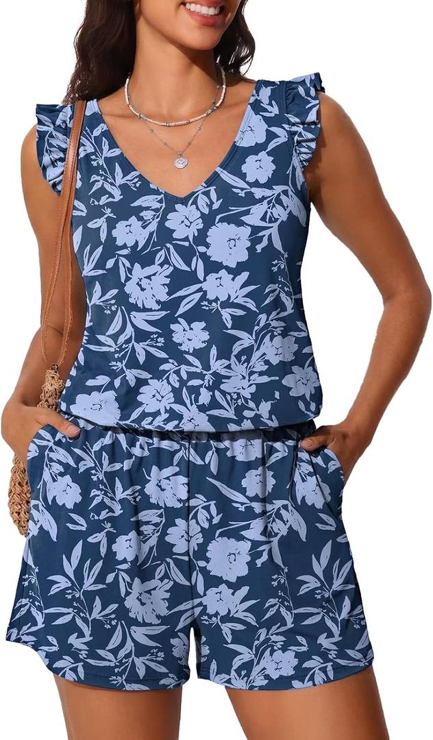 Summer Mae Ruffle Swim Romper One Piece Swimsuit Women Modest High-Back Bathing Suit with Pockets 2026 Swimwear (Blue. 14)
