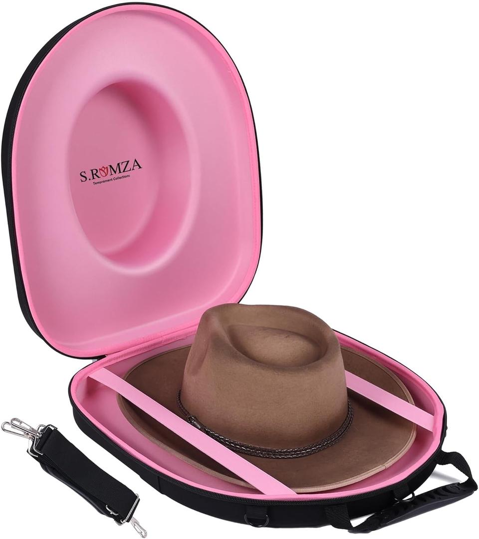 Cowboy Hats Box for Travel Case Crush Proof Hard Top Hat Storage Case with Handle,Adjustable Shoulder Strap & Luggage Strap (pink)