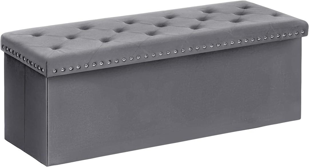 B FSOBEIIALEO Storage Ottoman Bench, Folding Tufted Ottomans with Storage, Extra Large 140L Storage Boxes Footrest Bench for Bedroom, Luxury Velvet Fabric 43 Inches Grey, 43.3x15.7x15.7 inches