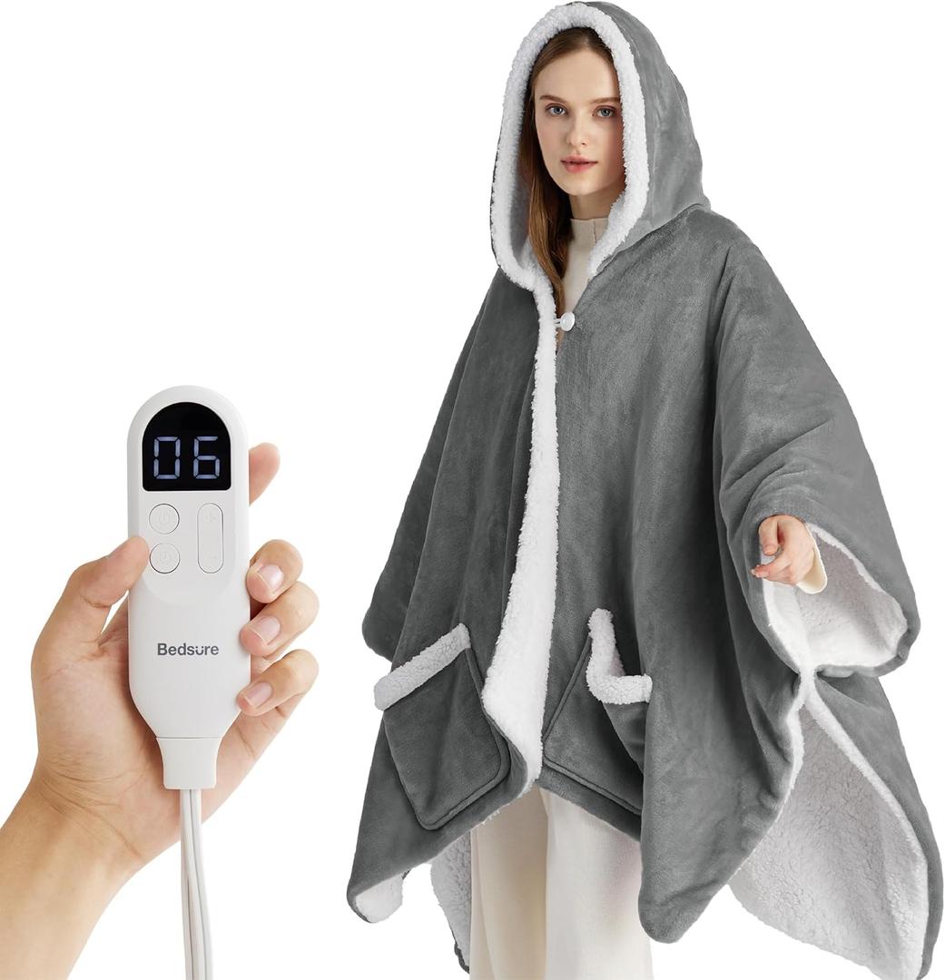Bedsure Heated Blanket Wearable Shawl - Electric Wrap Poncho Blanket Hoodie for Adult, Birthday Gifts for Mom Women, Sherpa Heating Throw with 4 Time Settings & 6 Heat Settings, 50x64 inches, Grey (Throw (50" x 64"), 01 - Grey)