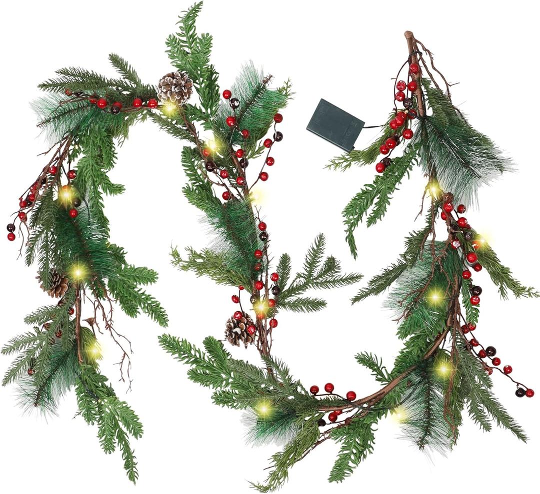 winemana 6 FT Pre-lit Artificial Christmas Garland with 20 LED Lights, Battery Powered with Pine Cones, Red Berries, Pine Needles, Lighted Christmas Garlands for Fireplace Mantle Holiday Decorations