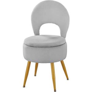 Small Vanity Stool Chair with Storage and Folding Back,4 Metal Legs with Anti-Slip Feet,Round Ottoman with Velvet Seat, Furry Padded Seat for Makeup, Bedroom (Velvet Grey, Standard)