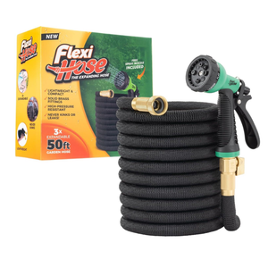 Flexi Hose with 8 Function Nozzle, 50FT  Lightweight Expandable Garden Hose, NoKink Flexibility, 3/4 Inch Solid Brass Fittings and Double Latex Core  Green