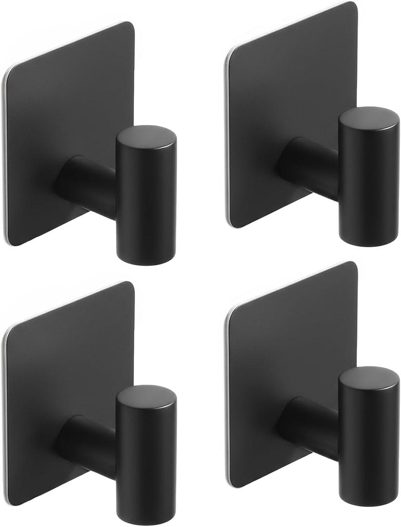 Rise age Adhesive Towel Hooks, Heavy Duty Stick on Towel Hooks for Bathrooms Wall Waterproof Adhesive Shower Hooks for Hanging Loofah, Clothes, Robes(Matte Black 4 Pcs)