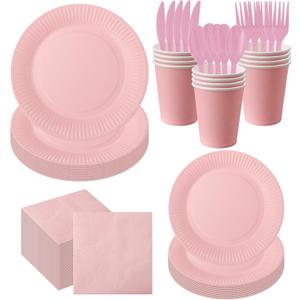 210pcs Pink Plates And Cups Disposable Tableware Party Supplies -Plastic Silverware, Paper Cups And Plates Serves 30 (Pink)
