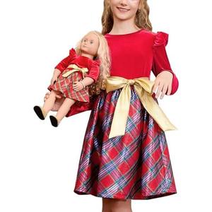 QPANCY Matching Girls & Doll Christmas Dresses Classic Plaid Long Sleeve Holiday Dress Kids Midi Velour Dress 140